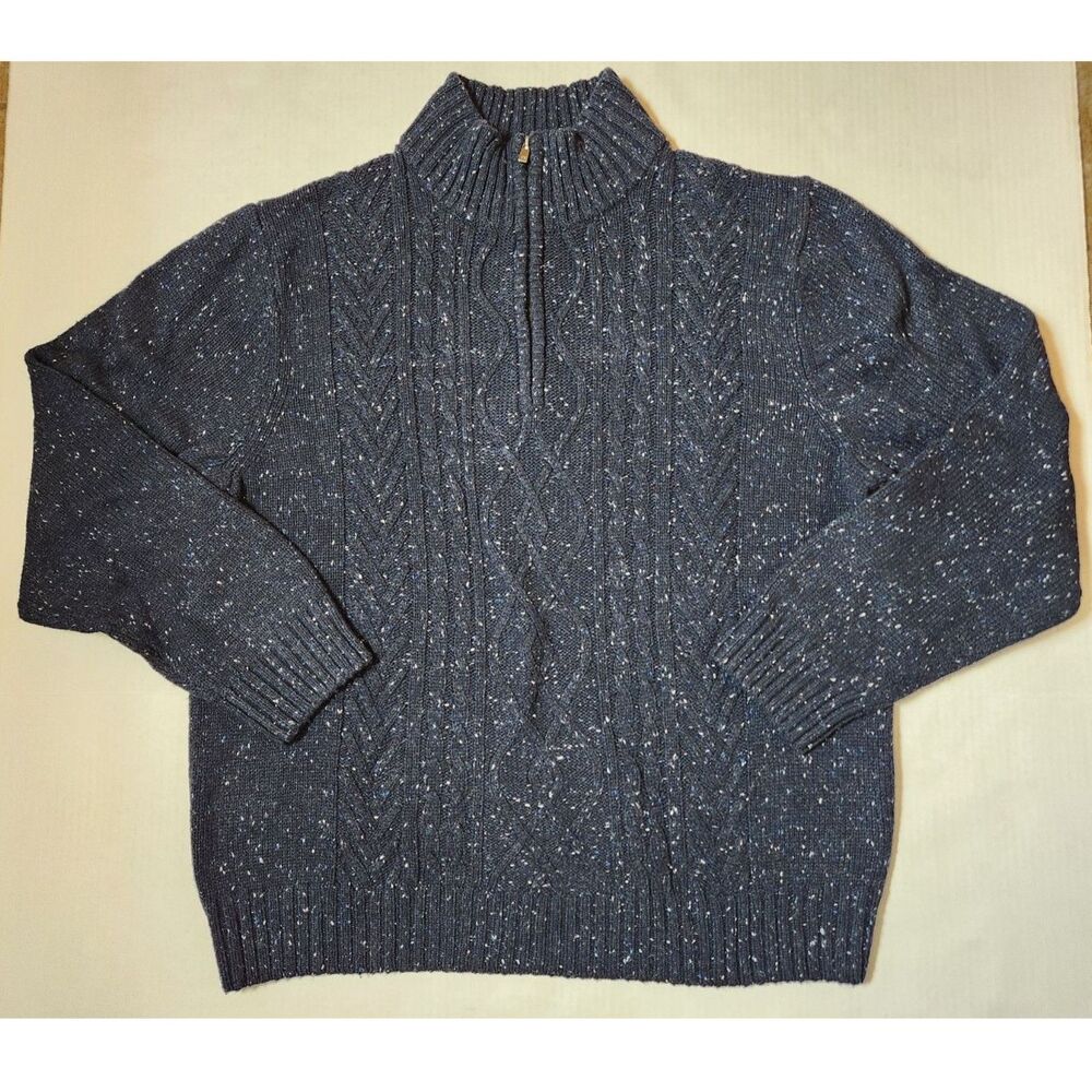 Haggar Men’s Quarter Zip Sweater Lambswool Blend XL Dark Blue Speckled Knit